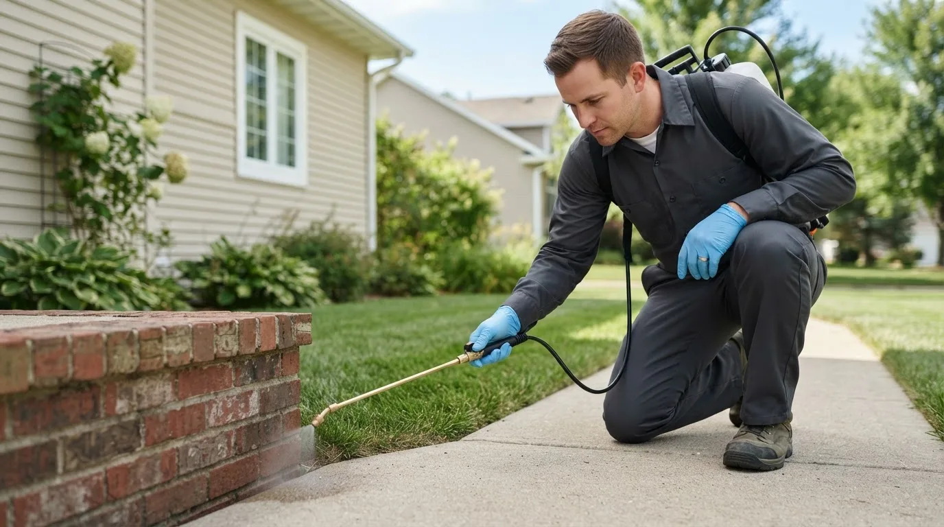 Pest control technician treating a home near Orr, MN